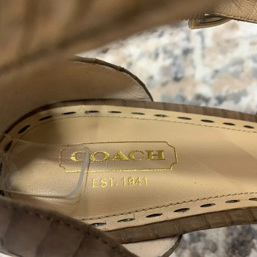 COACH Fawn Strappy Sandals Stiletto Heel Brown Snakeskin Print Leather Sz 9.5 B